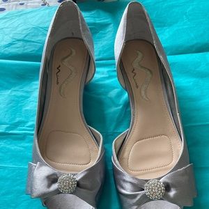 Nina Silver Satin Wedge Pump - Size 9